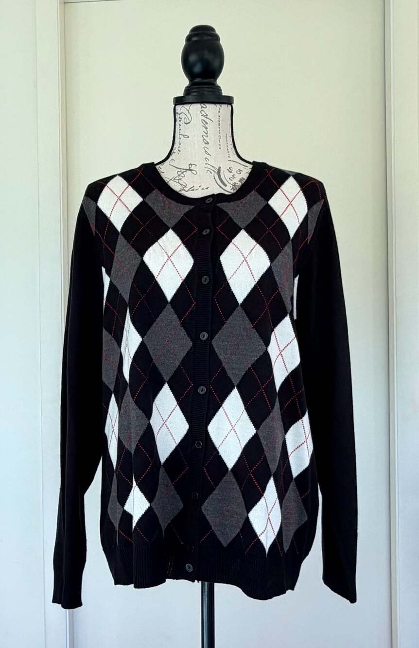 Croft & Barrow Argyle Cardigan Sweater Black White Gray Size Large